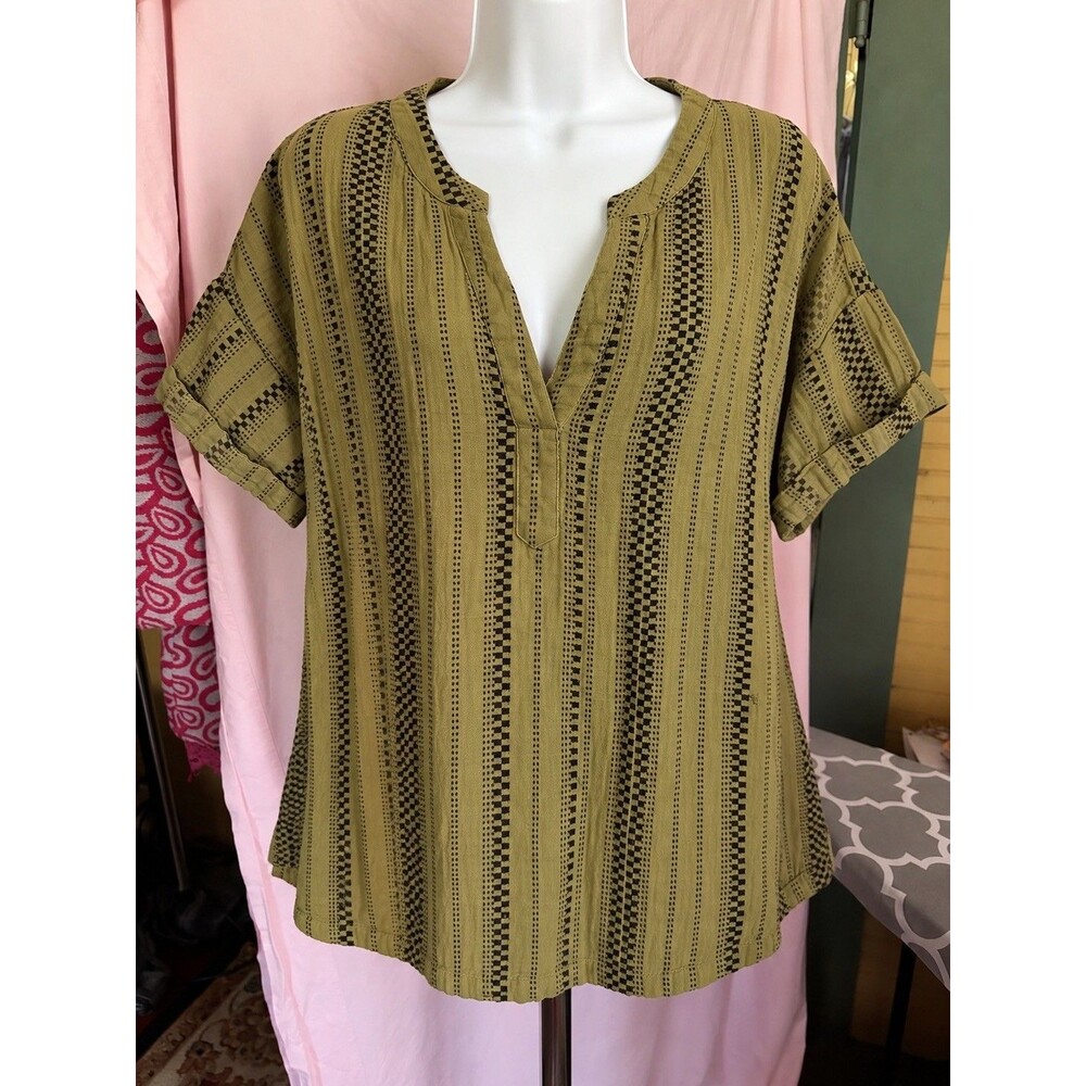 Wonderly XL Olive Black Geometric Stripe Cotton Split Neck Blouse Top